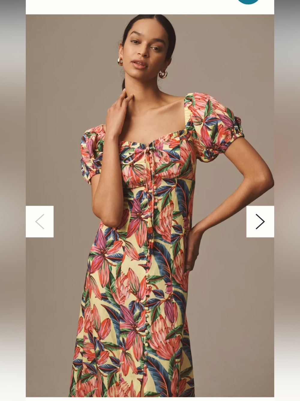 NEW Farm Rio x Anthropologie Puff-Sleeve Sweetheart Linen Midi Dress
